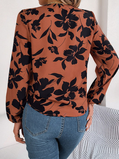 Printed V-Neck Long Sleeve Blouse