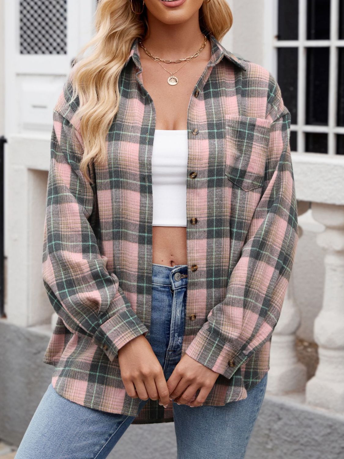 Plaid Collared Neck Long Sleeve Shirt