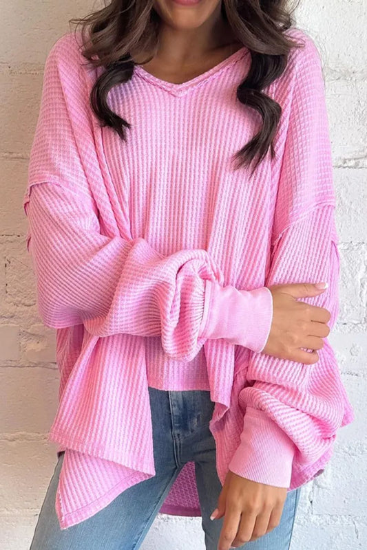 Waffle-Knit V-Neck Long Sleeve Blouse