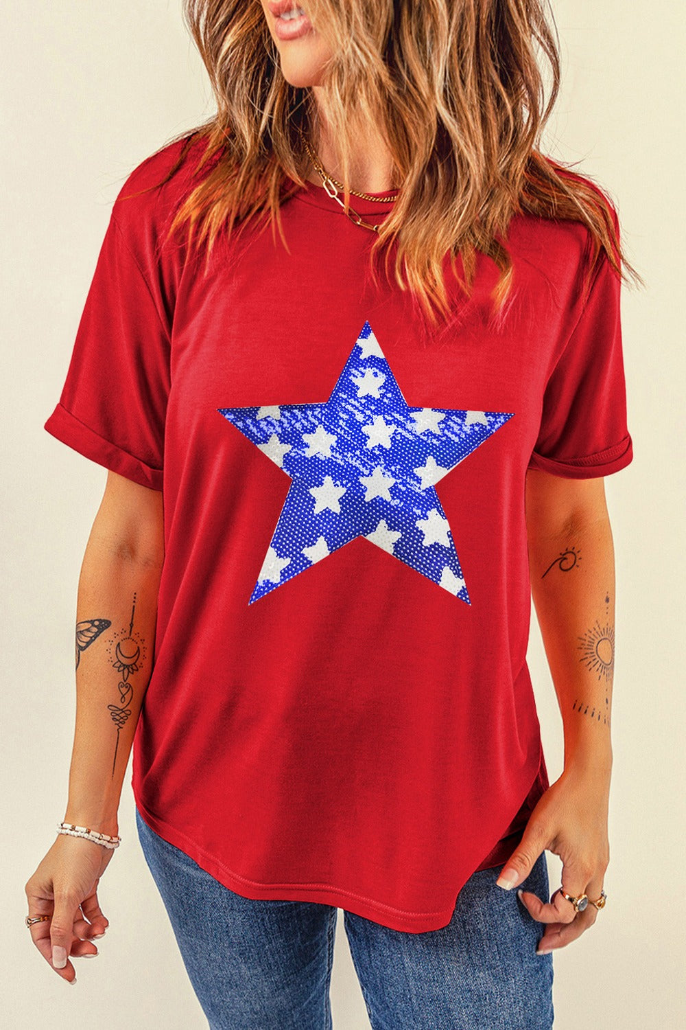 Sequin Star Round Neck Short Sleeve T-Shirt