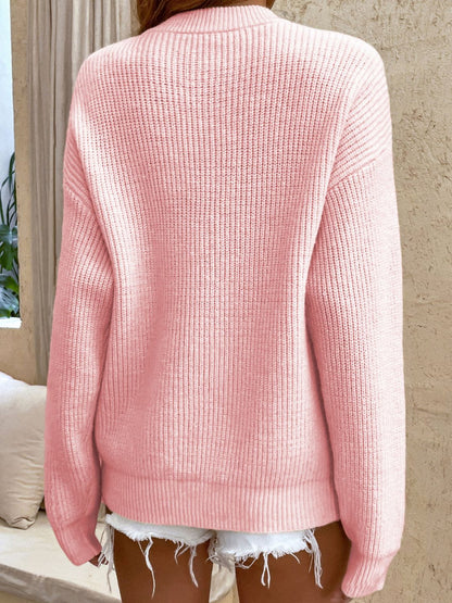 Round Neck Ribbed Button-Down Sweater