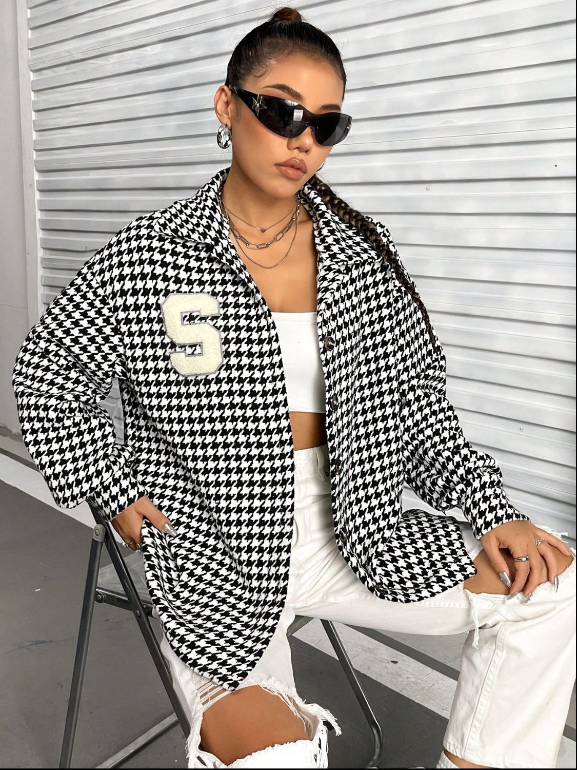 Houndstooth Button Down Long Sleeve Shacket