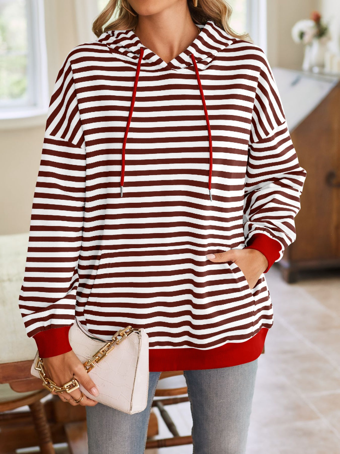 Drawstring Striped Long Sleeve Hoodie