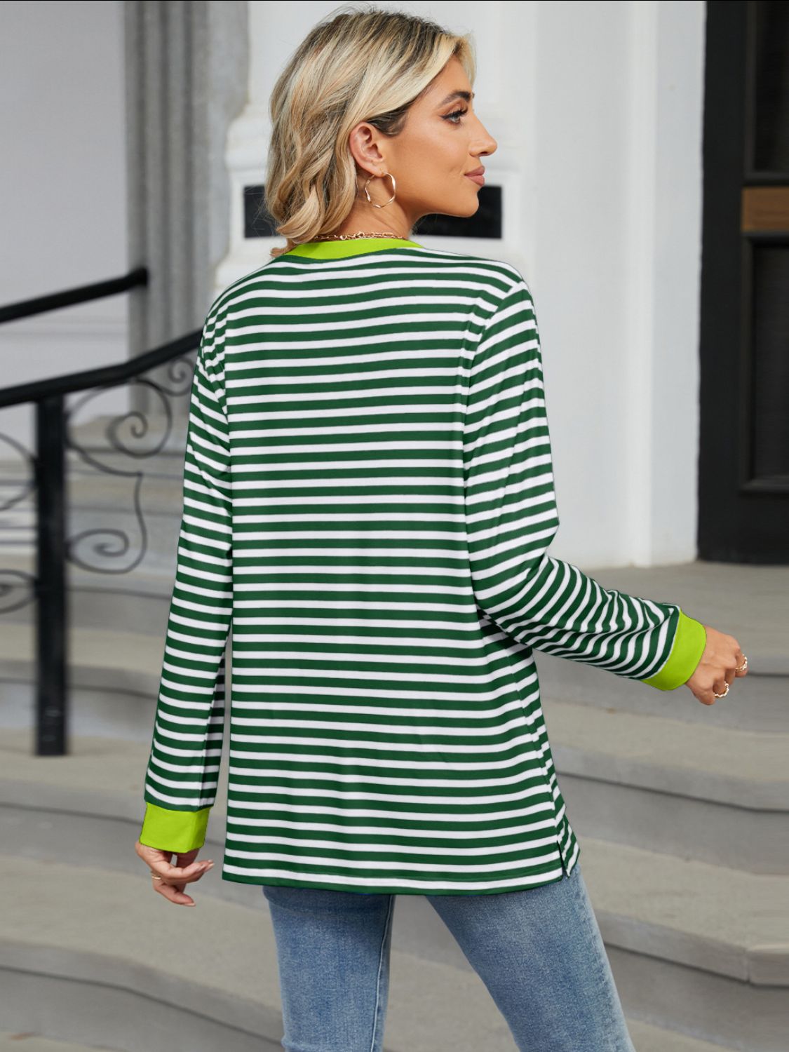 Pocketed Striped Round Neck Long Sleeve T-Shirt