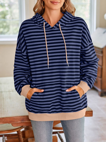 Drawstring Striped Long Sleeve Hoodie