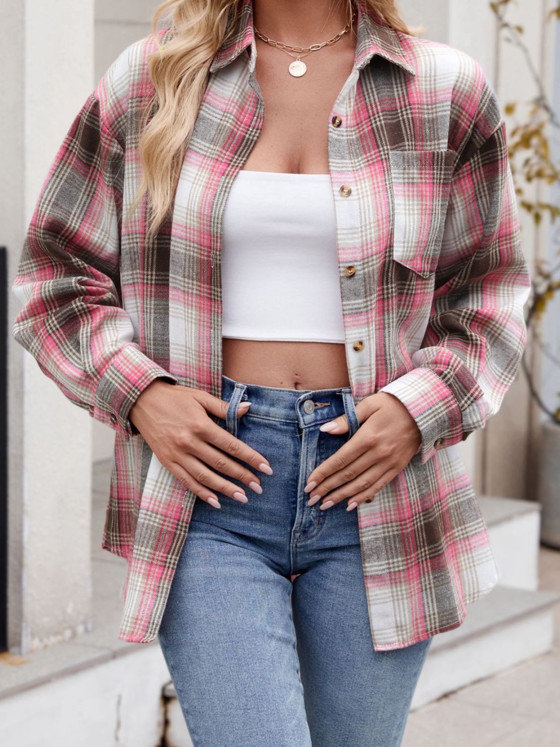 Plaid Collared Neck Long Sleeve Shirt