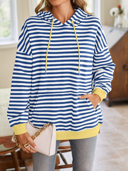 Drawstring Striped Long Sleeve Hoodie