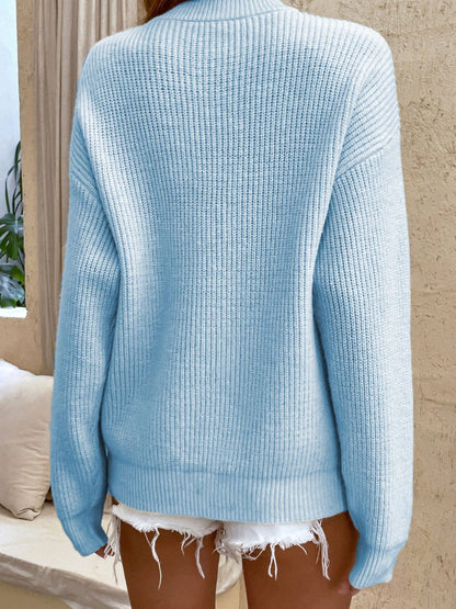 Round Neck Ribbed Button-Down Sweater