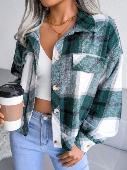 Plaid Collared Neck Long Sleeve Jacket