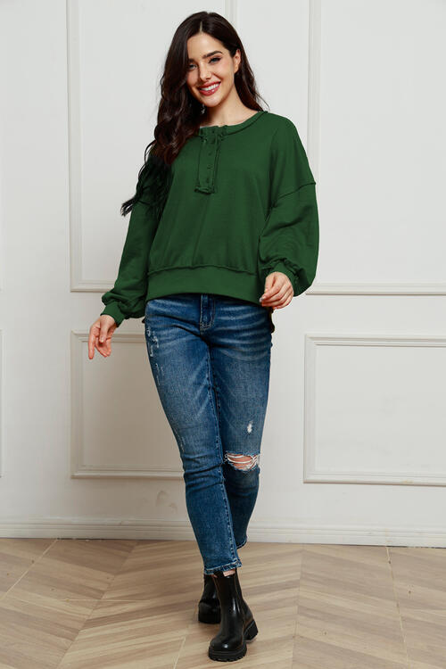 Exposed Seam Half Button Long Sleeve Sweatshirt