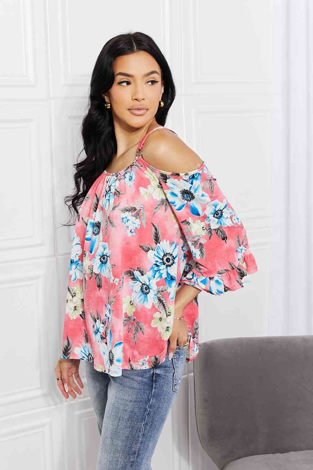 Sew In Love Full Size Fresh Take  Floral Cold-Shoulder Top