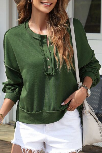 Exposed Seam Half Button Long Sleeve Sweatshirt