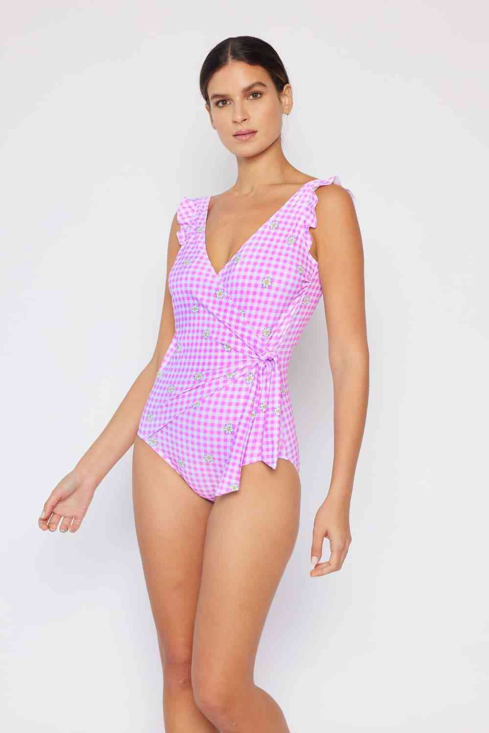 Marina West Swim Full Size Float On Ruffle Faux Wrap One-Piece in Carnation Pink