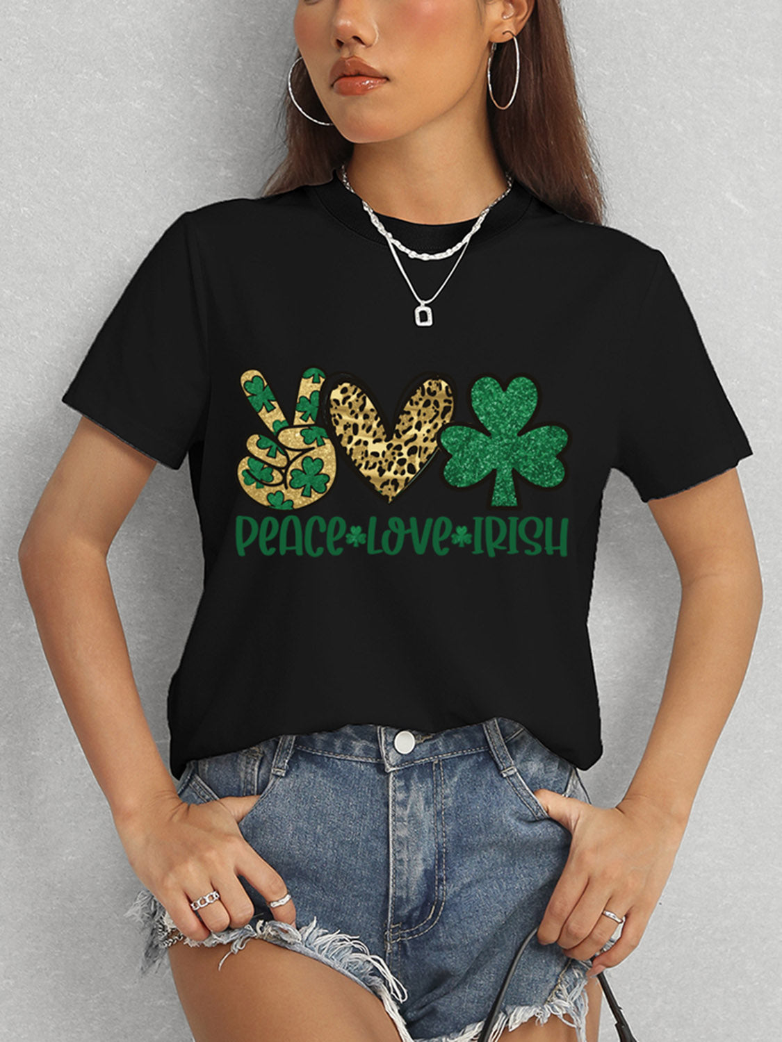 PEACE LOVE IRISH Round Neck Short Sleeve T-Shirt