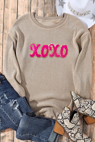 XOXO Sequin Round Neck Dropped Shoulder Sweatshirt