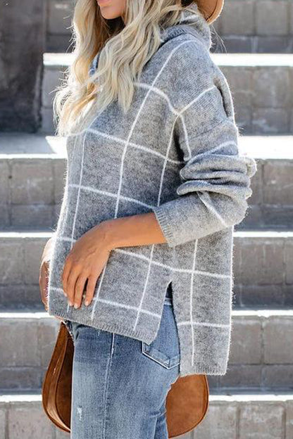 Plaid Turtleneck Drop Shoulder Sweater